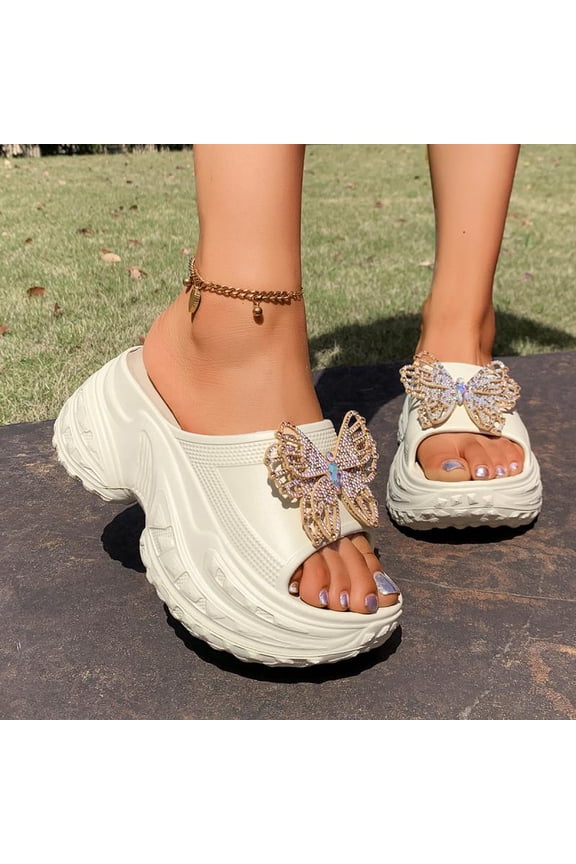 Women's Chunky Platform EVA Slides, High Wedge Heel 7.5cm, Glitter Butterfly Cloud Slippers (35-40), Summer Beach/Casual Wear, Black/White/Beige