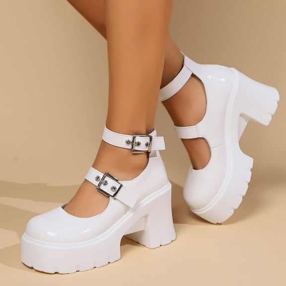 SCHUHLAND Women's Chunky Platform Mary Janes, Double Buckle Ankle Strap Pumps, Super High Heels, Round Toe, Plus Size, Lotita Style