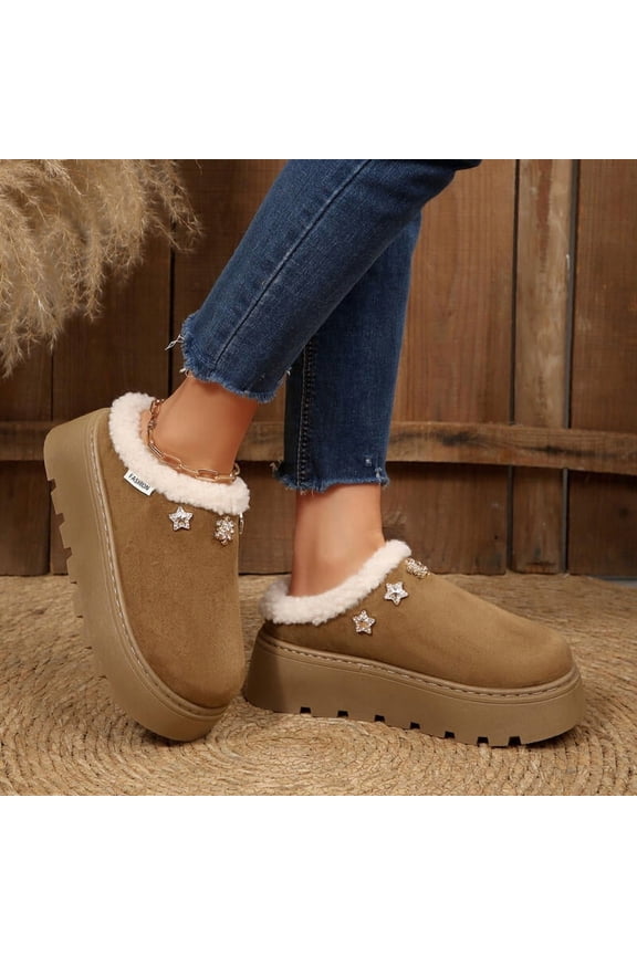 Women's Chunky Platform Wedge Heel Furry Mules, Warm Plush Faux Suede Slippers for Winter Outdoor, Slip-On, Black/Khaki/Brown, Size 36-43
