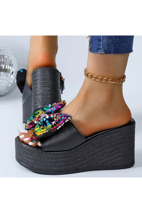Women's Colorful Glitter Chunky Platform Sandals, 9cm Super High Wedge Bowtie Slides, Bling Thick Bottom Summer Slippers, Size 35-43