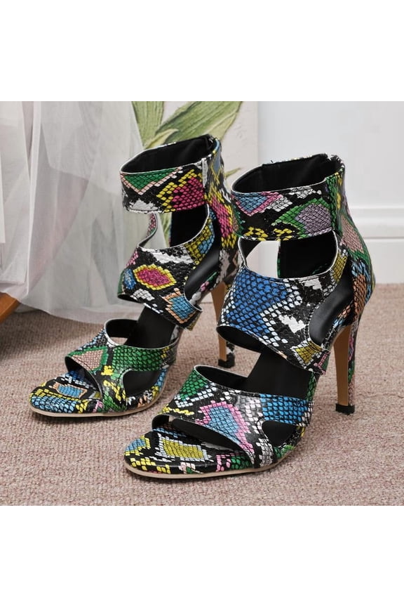Women's Colorful Snake Pattern High Heels, Sexy Cross Strap Nightclub Sandals, 11cm Super High Stiletto Party Shoes, Size 36-43