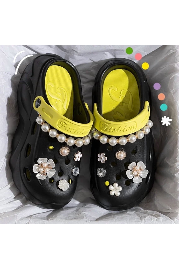 Women's DIY Pearl Chain Clogs, Summer Chunky Platform EVA Sandals with Floral Decor, Thick Bottom Cloud Slippers, Size 36-41