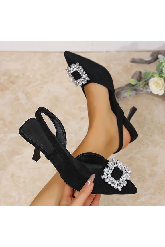 Women's Elegant Crystal Buckle High Heels, Sexy Pointed Toe Slingback Sandals, Summer Party Wedding Stiletto Pumps, Plus Size 35-43