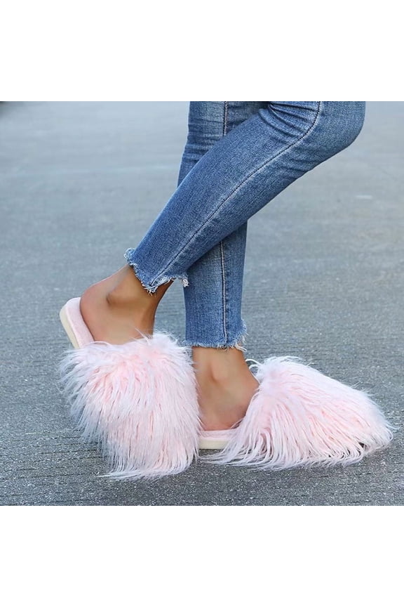Women's Faux Fur Long Plush Mules Slippers, Round Toe, Soft Thick Bottom Slides, Outdoor/Indoor, Black/White/Pink, Size 36-41