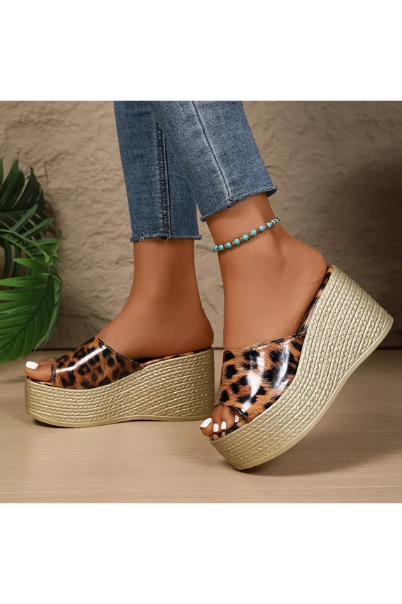 Women's Leopard Chunky Platform Wedge Sandals/Slides, High Heel (9cm), Comfort Light Weight, Summer Outdoor