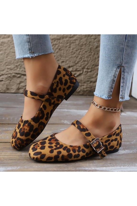 Women's Leopard Mary Jane Pumps, Low Square Heel, Round Toe Buckle Strap Ballet Shoes, Summer Fashion
