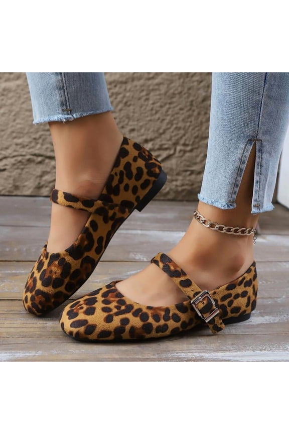 Women's Leopard Mary Jane Pumps, Low Square Heel, Round Toe Buckle Strap Ballet Shoes, Summer Fashion