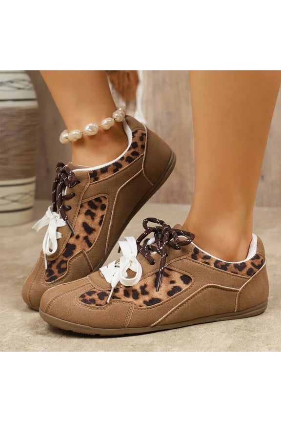 Women's Leopard Mix Color Lace-Up Sneakers, Round Toe, Low Heel, Soft Sole Casual Shoes, Brown, Size 36-43