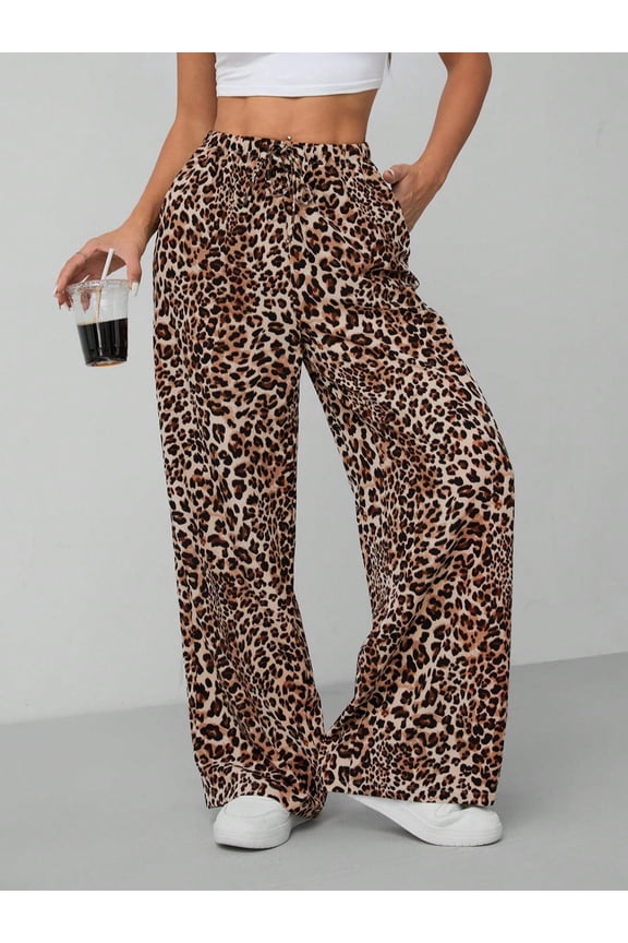 Women's Leopard Print Wide Leg Pants, High Waisted Straight Leg Trousers, Trendy Animal Print Casual Long Pants, S-XXXL