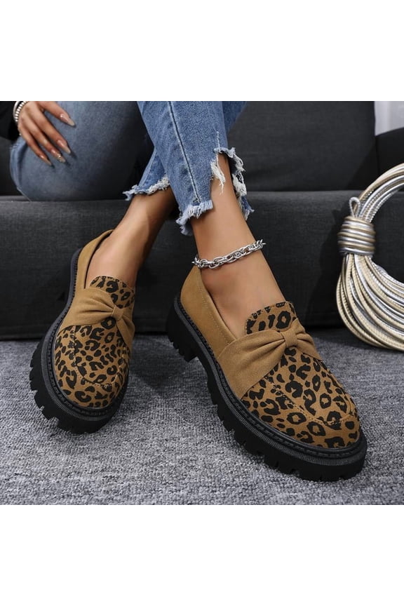 Women's Leopard Suede Loafers, Round Toe Medium Wedge Heel Slip-On Pumps, Comfort Soft Sole Office Flats, Black/Brown (Sizes 35-43)