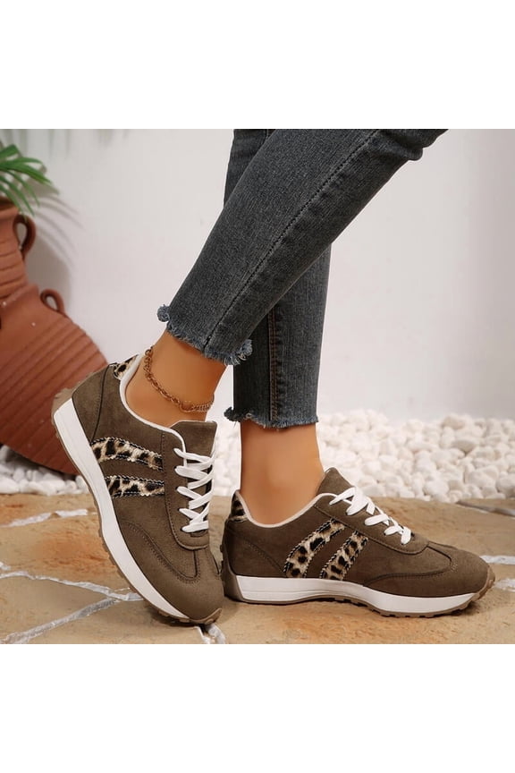 Women's Leopard Suede Sneakers, Lace-Up Designer Sports Shoes, Plush Lining, Low Heel, Plus Size 46, Autumn/Winter Comfort Walking Tennis Shoes