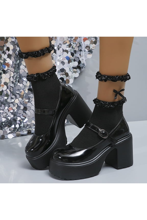 Women's Lolita Patent Leather Chunky Platform Mary Jane Pumps - Pink High Heels with Ankle Strap