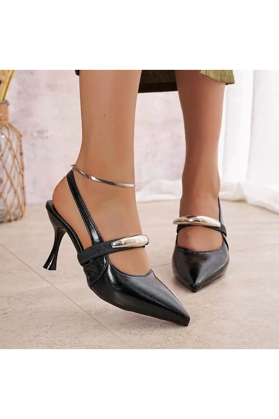 Women's Patent Leather Sling Back Pumps, Pointed Toe, 8.5cm Thin Super High Heels, Metal Decoration, Office & Party Dress Shoes, Black/White