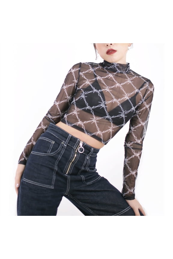 Women's Sexy Mesh Long Sleeve Crop Top - Vintage Chain Print Fishnet T-Shirt, Plaid Streetwear Turtleneck Femme Tee, Slim Fit