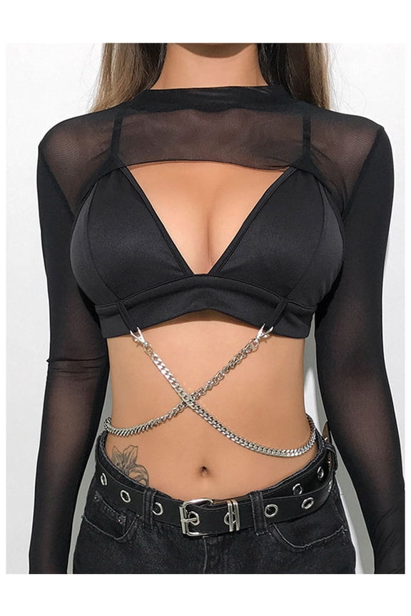 Women's Sexy Mesh Sleeve Crop Top - Hollow Out Transparent T-Shirt, Black Casual O-Neck Tee, High Stretch Summer Clubwear Top