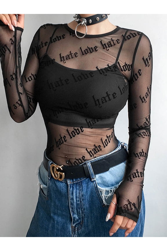 Women's Sexy Mesh T-Shirt - See-Through Perspective Letter Printed Top, Transparent Long Sleeve O-Neck Slim Fit Clubwear Tee