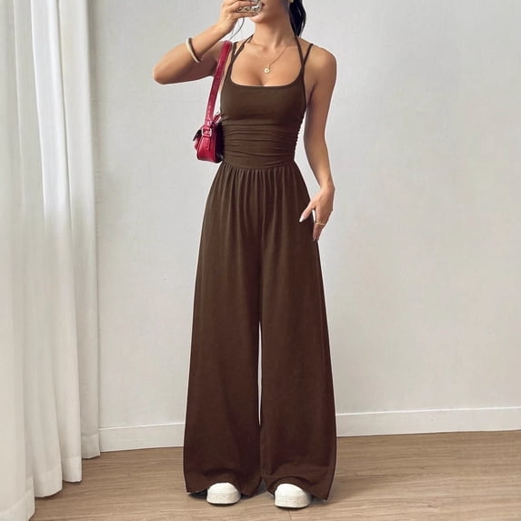 SCHUHLAND Women's Summer Wide Leg Jumpsuit - Casual Solid Color Strappy Romper, Loose Fit Sleeveless One-Piece Bodysuit with Bandeau Wrap Bust