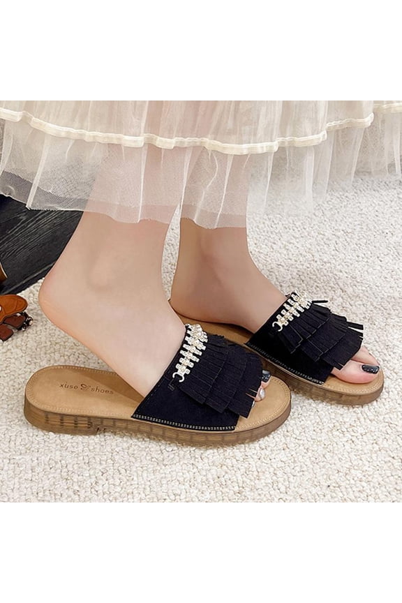 Women's Tassel & Pearl Chain Flat Slides, Luxury Glitter Beach Sandals, Open Toe PU Soft Sole Slippers