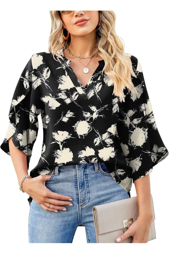 Women's V-Neck Floral Chiffon Blouse - Casual Petal Short Sleeve Summer Top, Loose Fit Printed Dressy Shirt, S-2XL