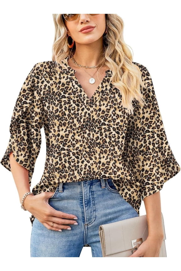 Women's V-Neck Floral Chiffon Blouse - Casual Petal Short Sleeve Summer Top, Loose Fit Printed Dressy Shirt, S-2XL