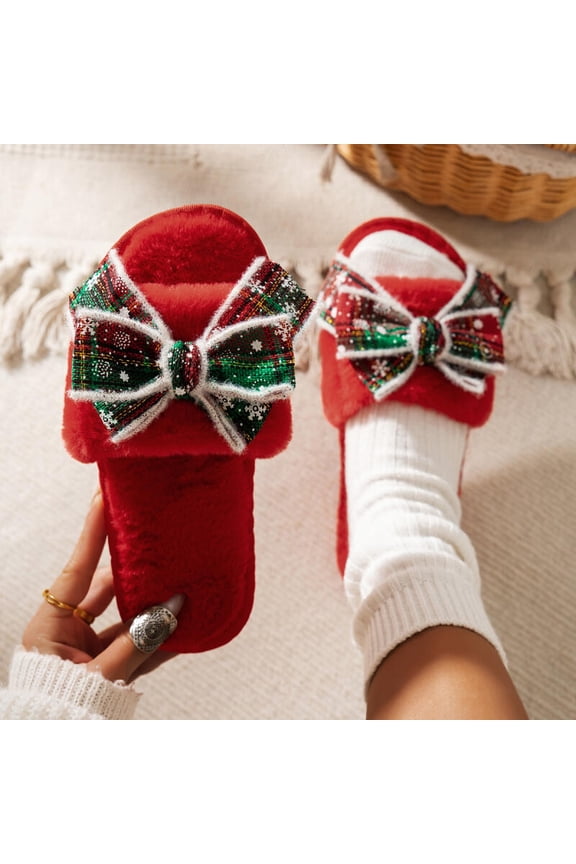 Women's Warm Plush Plaid Bowknot Christmas Indoor Slippers, Fluffy Faux Fur Home Slides, Flat Heel, Red/White, Sizes 36-43