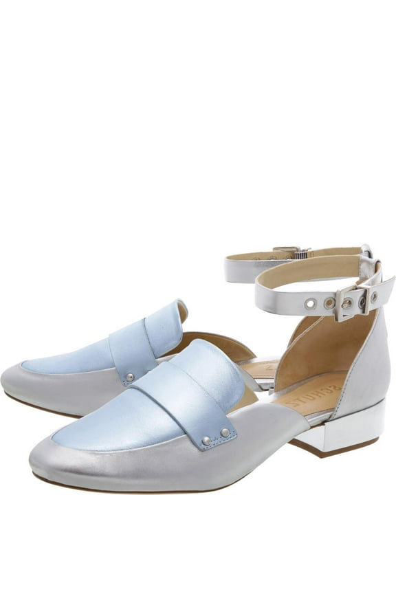 SCHUTZ Moka Loafer Prata Silver Gold Crackled Metallic Leather Low-Heel Pumps (Silver, 5)