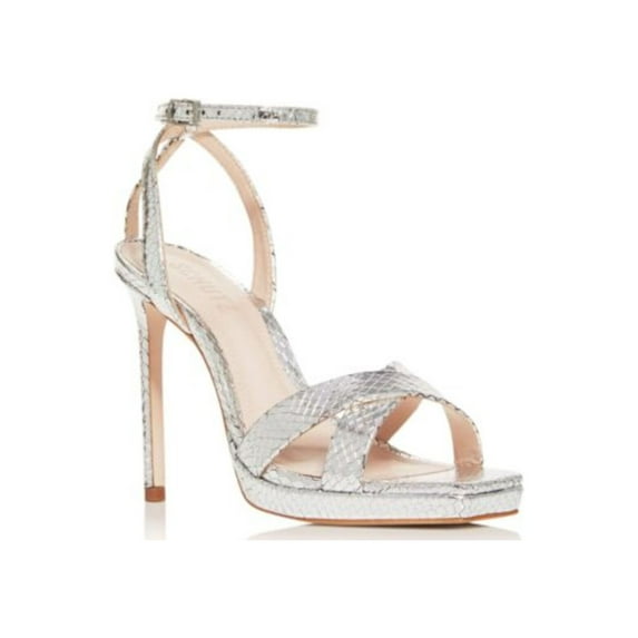 SCHUTZ Womens Silver Scale Ankle Strap Metallic Ava Square Toe Stiletto Buckle Leather Dress Sandals Shoes 9 B