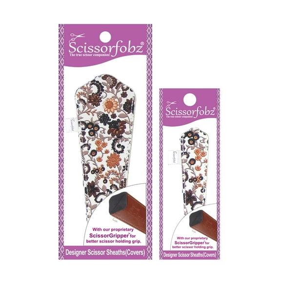 SCISSORFOBZ Designer Scissors Sheaths Shears Protective Covers-2 pcs Large & Small Size Value Pack - Brown Victorian Floral Garden Design-#2-302