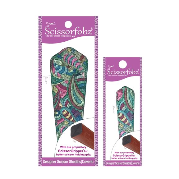 SCISSORFOBZ Designer Scissors Sheaths Shears Protective Covers-2 pcs Large & Small Size Value Pack - Green Multicolor Paisley Design-#2-295