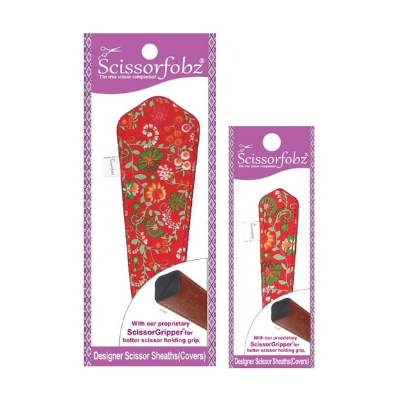 SCISSORFOBZ Designer Scissors Sheaths Shears Protective Covers-2 pcs Large & Small Size Value Pack - Multicolor Floral Garden On Red Design-#2-278