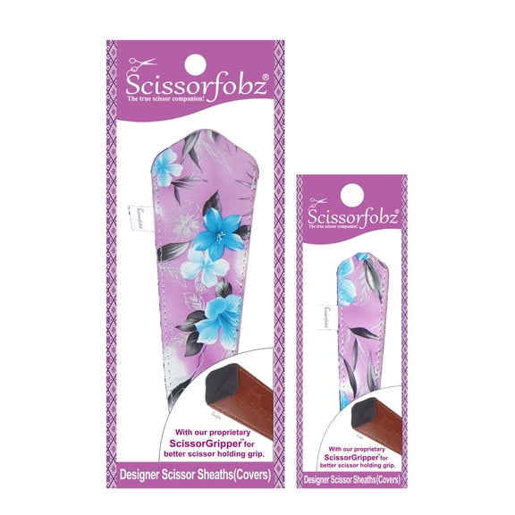SCISSORFOBZ Designer Scissors Sheaths Shears Protective Covers-2 pcs Large & Small Size Value Pack - Purple Tropical Flowers Design-#2-209