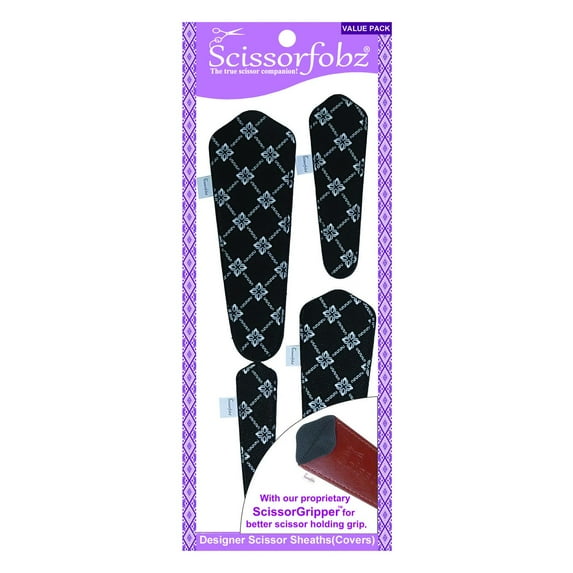 SCISSORFOBZ Designer Scissors Sheaths Shears Protective Covers-4 pcs Assorted Size Value Pack - Black & White Floral Diamonds Design-#4-241