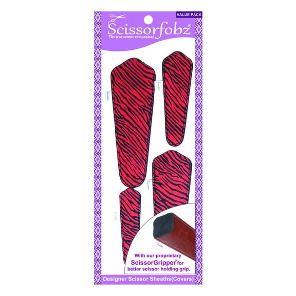 SCISSORFOBZ Designer Scissors Sheaths Shears Protective Covers-4 pcs Assorted Size Value Pack - Red & Black Zebra Print Design-#4-261