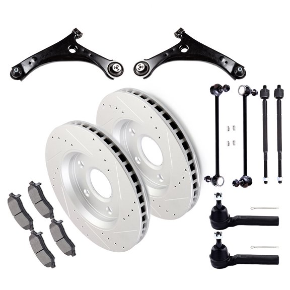 SCITOO 14pcs Front Lower Control Arm And Ball Joints Inner Outer Tie Rod Ends Sway Bar Links Brake Pad Brake Rotor Fit For 2008-2016 For Chrysler Town & Country 2008-2016 For Dodge Grand Caravan