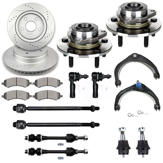 SCITOO 18pcs Front Upper Control Arm And Ball Joints Lower Ball Joints Inner Outer Tie Rod Ends Sway Bar Links Wheel Bearing Hub Brake Pad Brake Rotor Fit For 2006-2008 For Dodge Ram 1500
