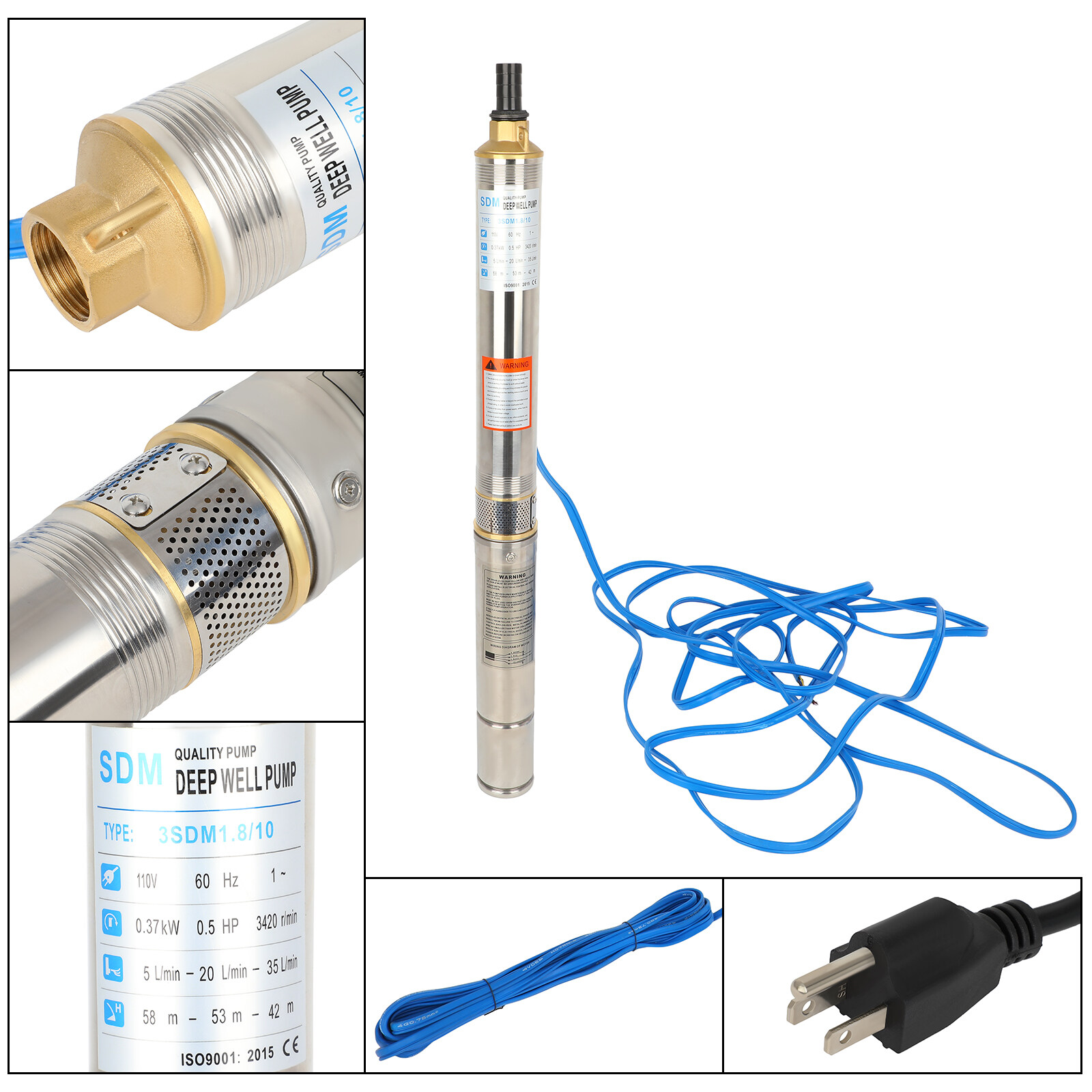 SCITOO 3.6m/h 1/2Hp 110V/60Hz 370w Deep Well Pump Submersible Water Pump