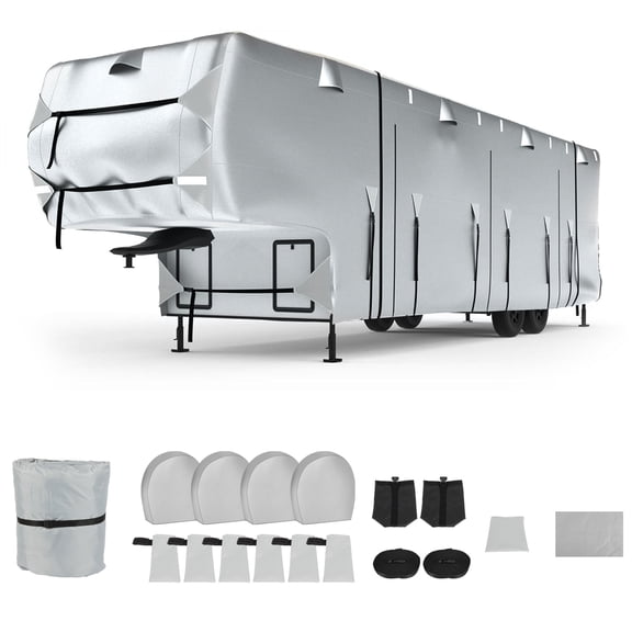 SCITOO 300D Top Oxford Cloth 5th Wheel RV Cover 33'-37' with 4 Tire Covers and Gutter Covers Jack Cover Waterproof Rip-Resistant Anti-UV Winter Camper Cover Toy Hauler Cover RV Travel Cover