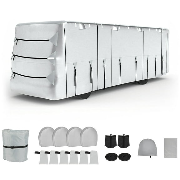 SCITOO 300D Top Oxford Cloth Class A RV Cover 33'-37' with 4 Tire Covers and Gutter Covers Jack Cover Waterproof Rip-Resistant Anti-UV Winter Camper Cover Toy Hauler Cover RV Travel Cover