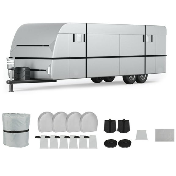 SCITOO 300D Top Oxford Cloth RV Travel Trailer Cover 30'-33' with 4 Tire Covers and Gutter Covers Jack Cover Waterproof Rip-Resistant Anti-UV Winter Camper Cover Toy Hauler Cover RV Travel Cover