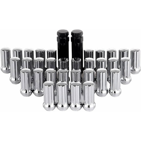 SCITOO 32PCS Silver Chrome Wheel Lug Nuts + 2 Keys 14X1.5 Thread Chrome Spline Lock Key Open End Lug Nuts for Toyota /for Cadillac/for GMC/for Jeep