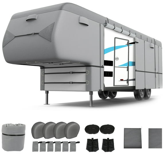 SCITOO 5th Wheel RV Cover for 28'-31' ,7 Layers Heavy Duty RV Trailer Cover Camper Cover Toy Hauler Cover Windproof Waterproof Rip-Stop Anti-UV with 4 Tire Cover and Gutter Jack Cover