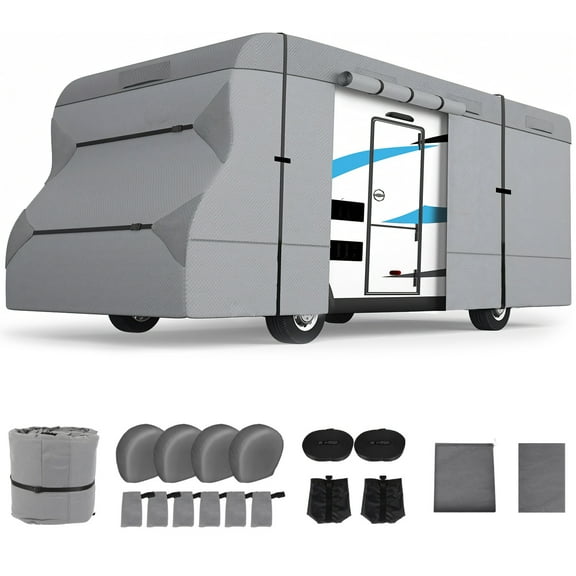SCITOO Class C RV Cover for 20'-23' ,7 Layers Heavy Duty RV Trailer Cover Camper Cover Toy Hauler Cover Windproof Waterproof Rip-Stop Anti-UV with 4 Tire Cover and Gutter Jack Cover