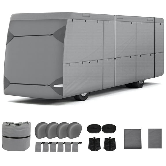 SCITOO Class A RV Cover for 31'-34' ,7 Layers Heavy Duty RV Trailer Cover Camper Cover Toy Hauler Cover Windproof Waterproof Rip-Stop Anti-UV with 4 Tire Cover and Gutter Jack Cover