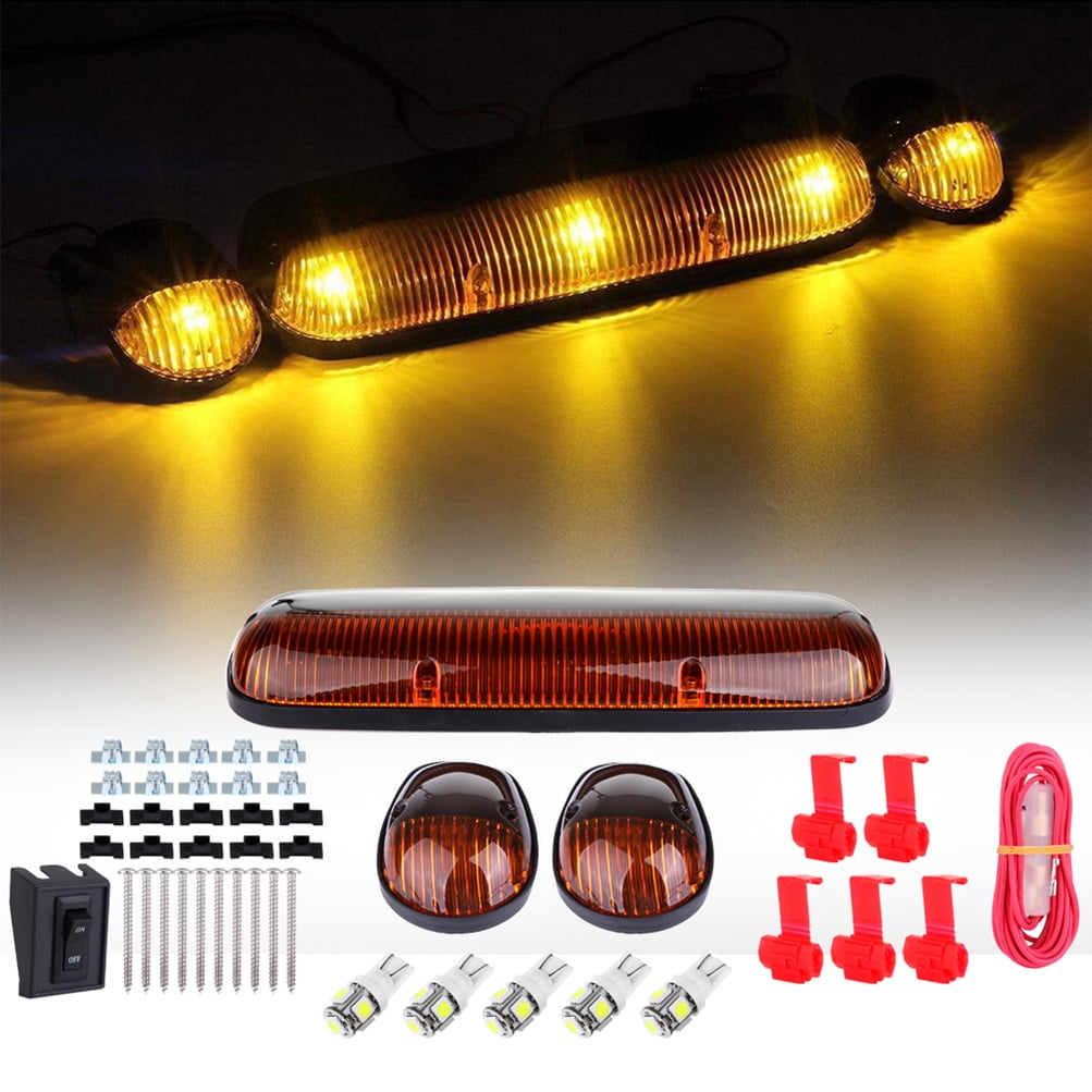 SCITOO Fit for 2002-2007 Chevy Silverado/GMC Sierra 1500 2500HD 3500 3x Amber Cab Lights Covers Cab Roof Running Top Clearance Marker Assembly with 5x White LED Light Bulbs