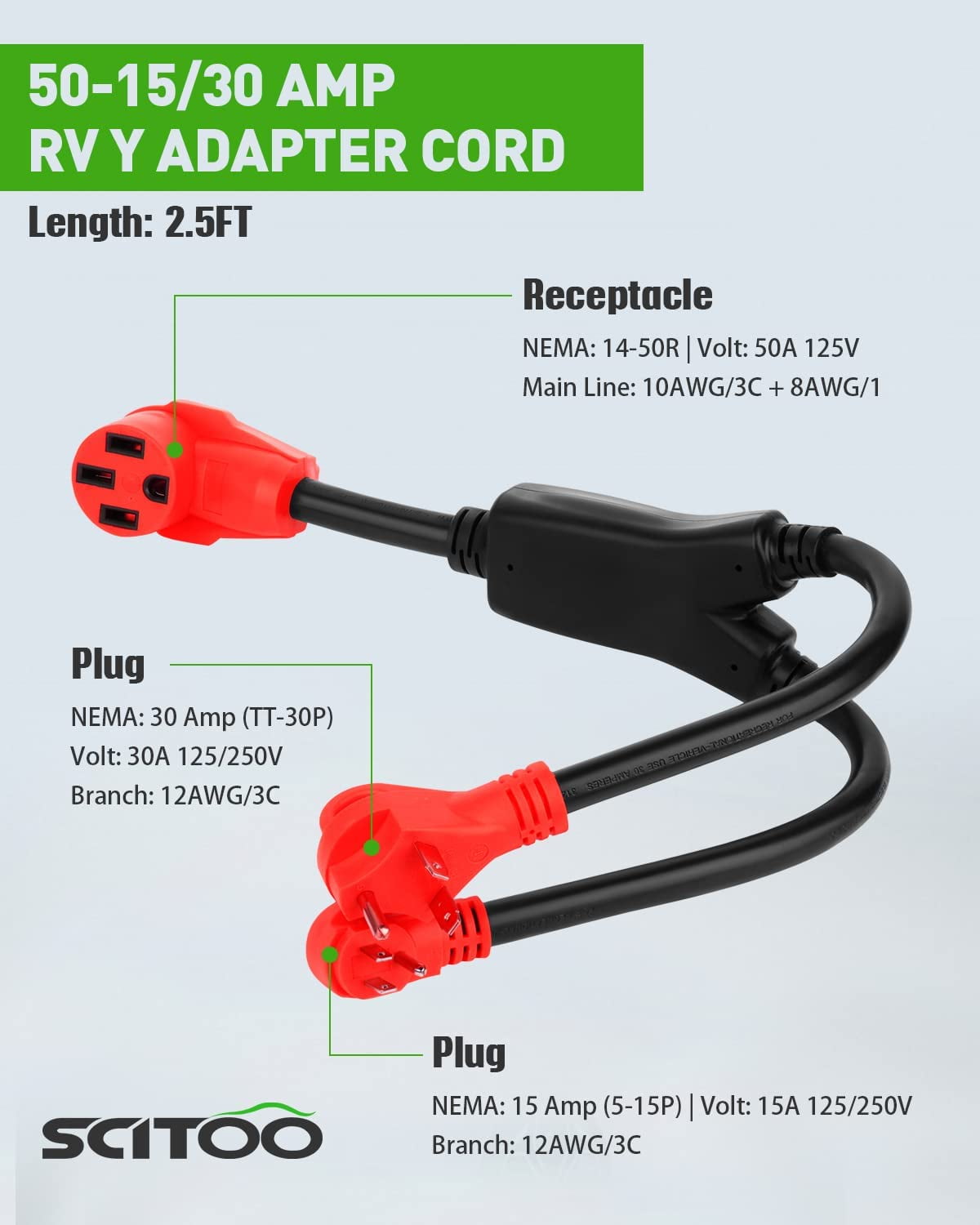 SCITOO RV YSplit Power Cord Adapter, 50 amp Female to (1) 30 amp (1