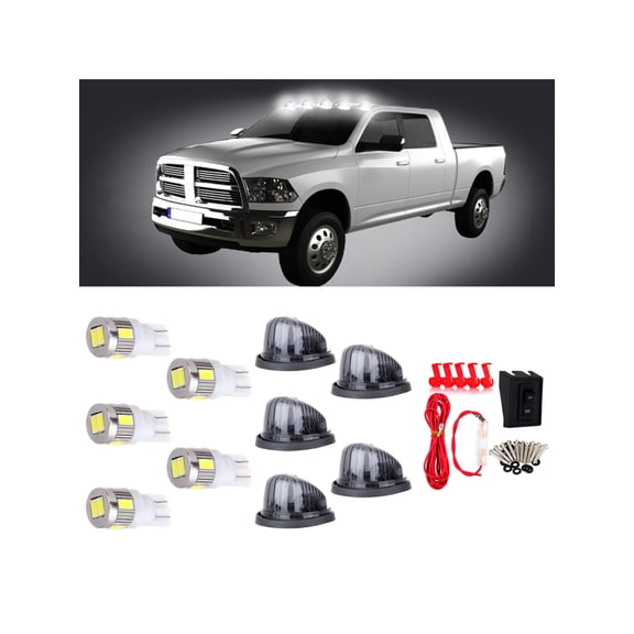 SCITOO Set of 5 5 Smoke Len 2005LENS-SK Round-Shape Cab Roof Marker Top Light Assembly w/Base+Wiring Pack T10-6-5730-SMD Xenon White LED Bulbs