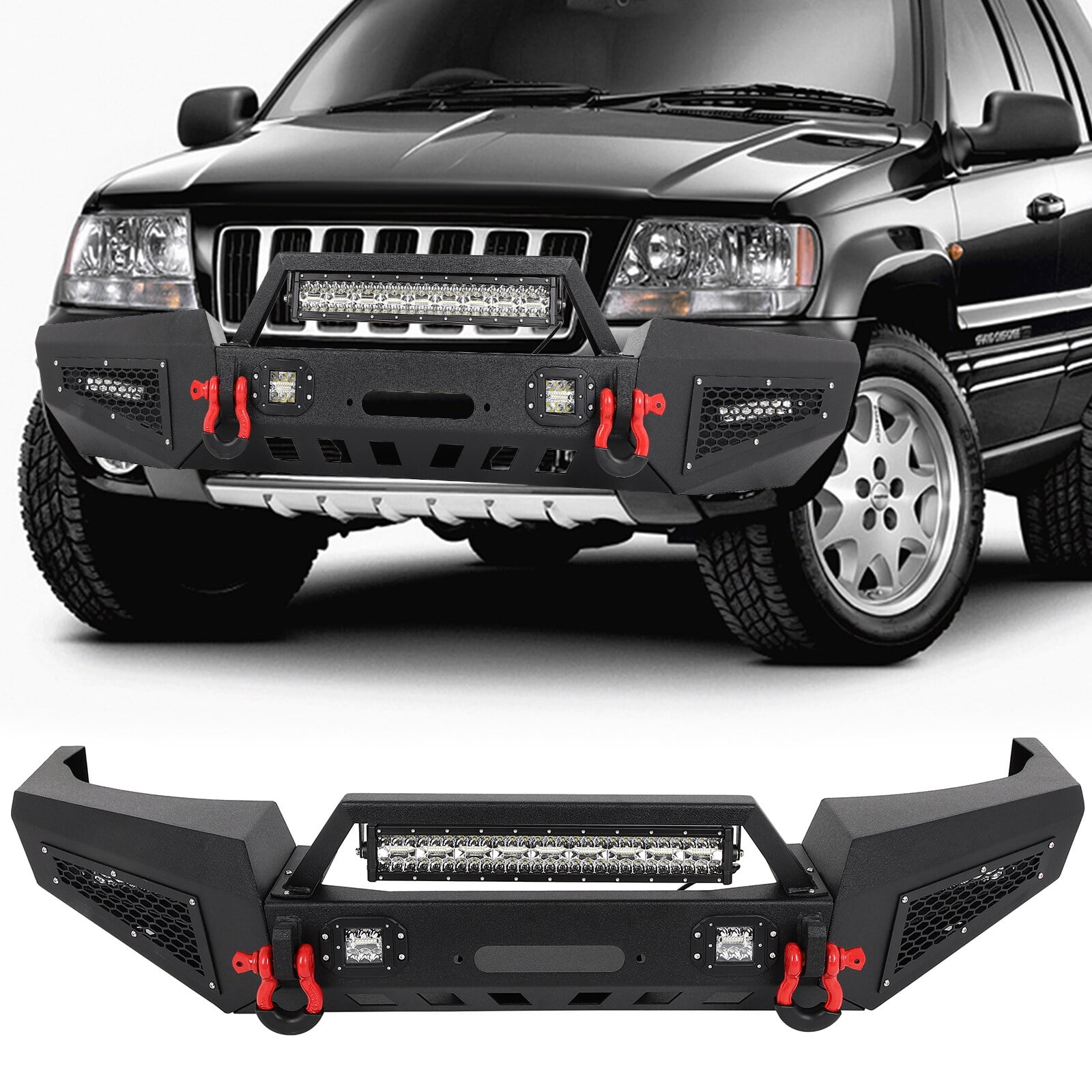 SCITOO Steel Front Bumper fit for 1999-2004 for Jeep Grand Cherokee Bumper,W/Winch Plate, D-Rings and License Plate Lights(Texture Black)