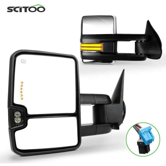 SCITOO Towing Mirrors Tow Mirrors Chrome Truck Mirrors fit for 2003-2006 for Chevy Silverado for GMC Sierra Pickup with Pair LH RH Power Adjusted Heated LED Turn Signal Running Light
