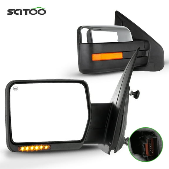 SCITOO Towing Mirrors Tow Mirrors Chrome Truck Mirrors fit for 2004-2014 For Ford For F150 Pickup with Pair LH RH Power Adjusted Heated Turn Signal Puddle Light with Reflective Stripe