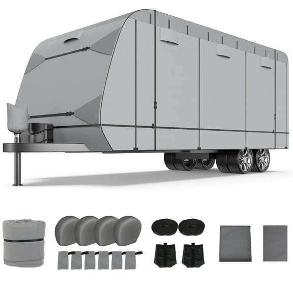SCITOO Travel Trailer RV Cover for 18'-20' ,7 Layers Heavy Duty RV Trailer Cover Camper Cover Toy Hauler Cover Windproof Waterproof Rip-Stop Anti-UV with 4 Tire Cover and Gutter Jack Cover